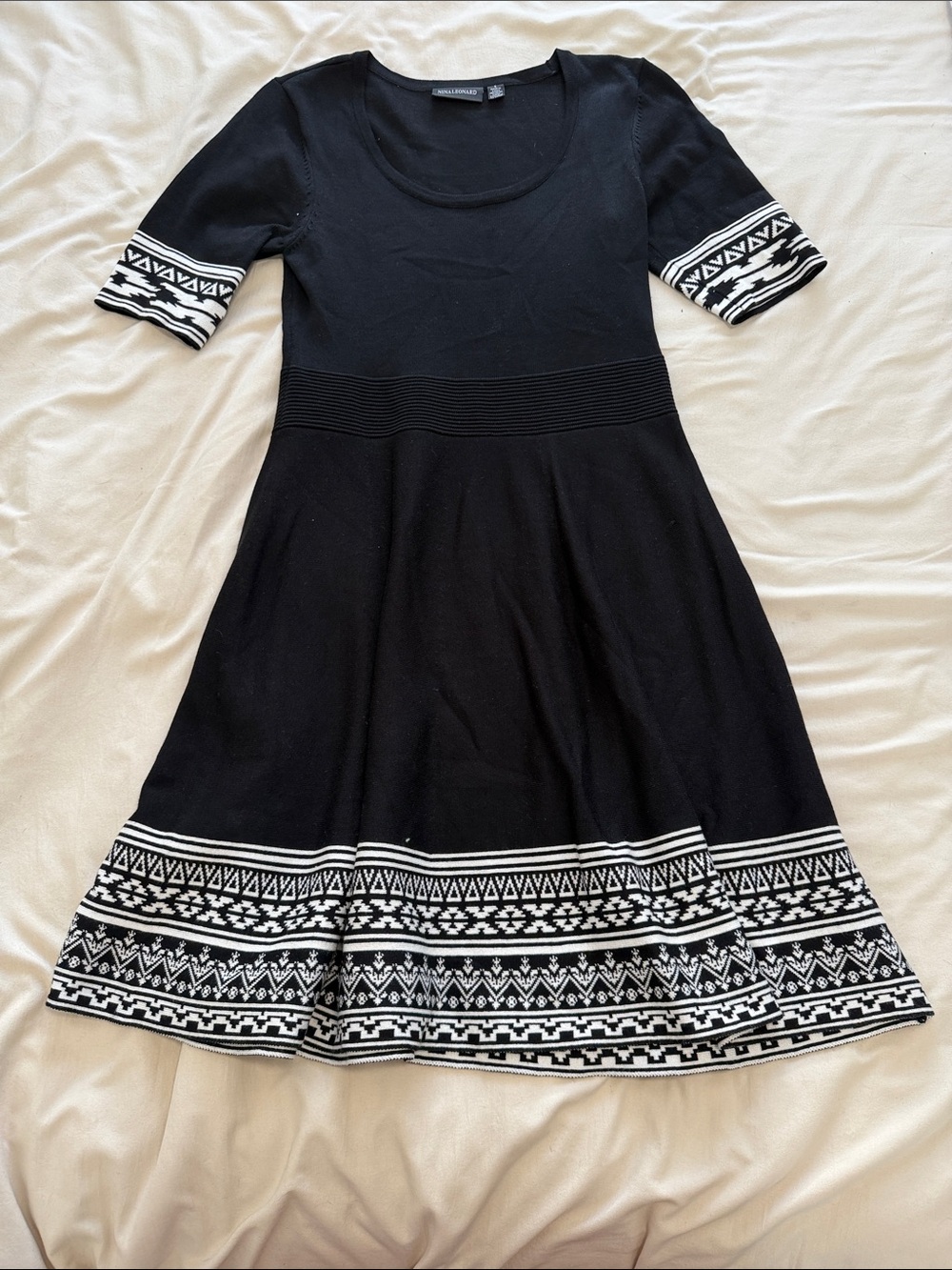 Nina Leonard Black Sweater Dress with White Geometric Trim